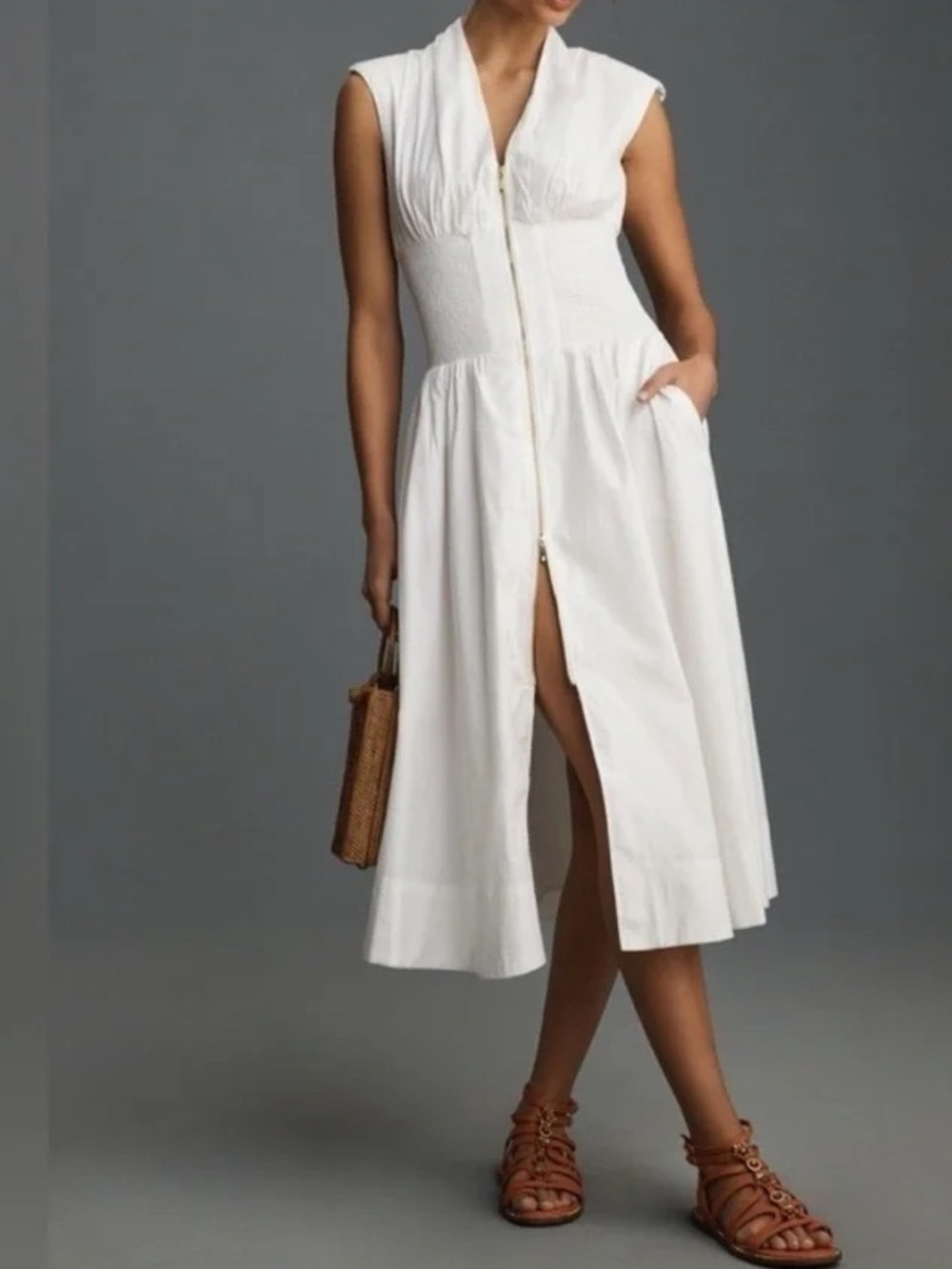 Anthropologie Tommie Zip-Front Midi Dress smocked waist